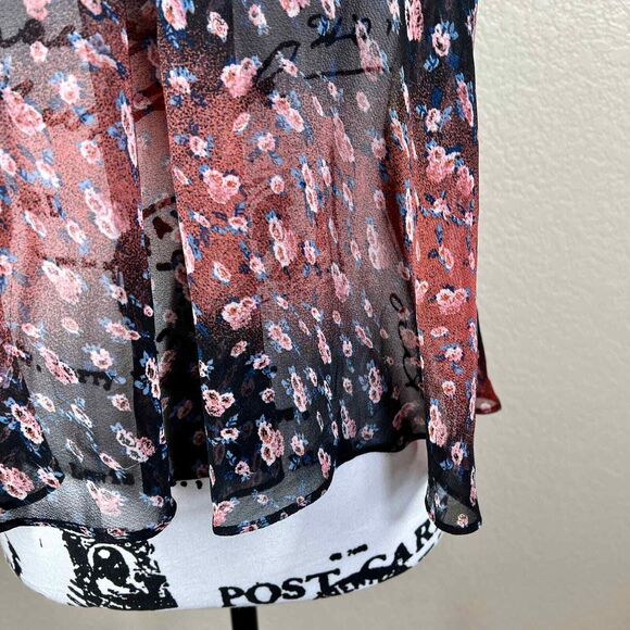BCBGeneration Black top Pink Sheer Floral Garland Neck Tunic Tank Blouse size S - Picture 8 of 14